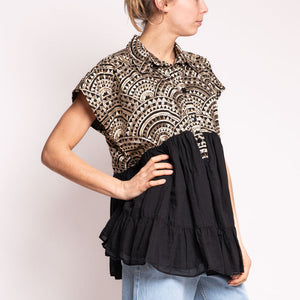 All Over Ruffles Embroidered Blouse in Black/Gold
