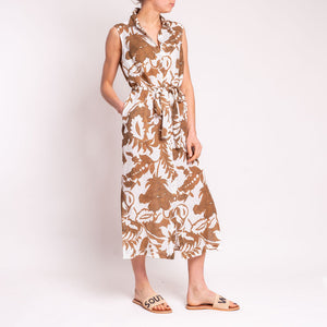 Sleeveless Printed Shirt Dress with Belt in Brown