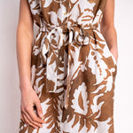 Sleeveless Printed Shirt Dress with Belt in Brown