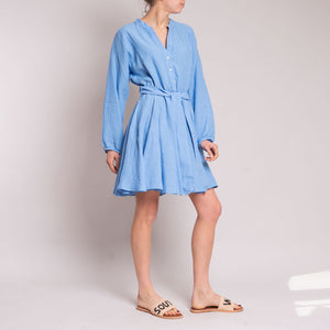 L/S Belted Shirt Dress in Blue