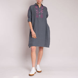 Embroidered Linen Shirt Dress in Dark Grey/Fuchsia