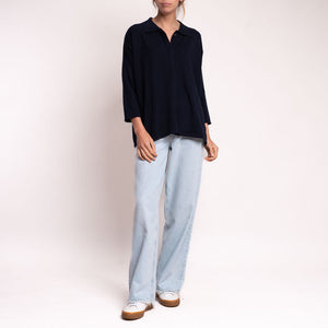Melody 3/4 Sleeve Knit with Collar in Navy Marl