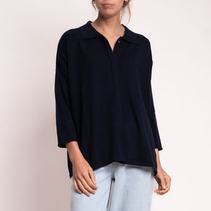 Melody 3/4 Sleeve Knit with Collar in Navy Marl