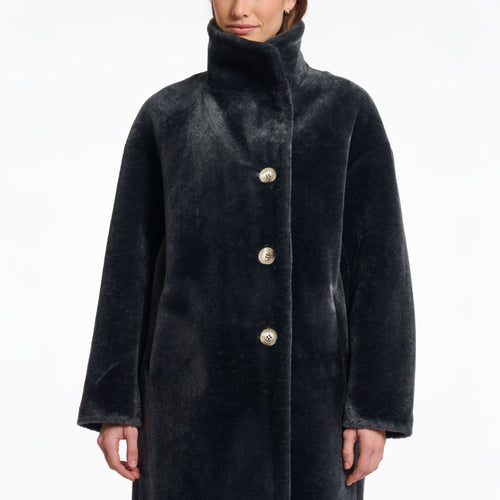 RINO & PELLE Cilou Faux Fur Coat with High Collar in Deep Iron