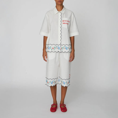 STELLA NOVA Coloured Embroidered Oversized Shirt in Off White