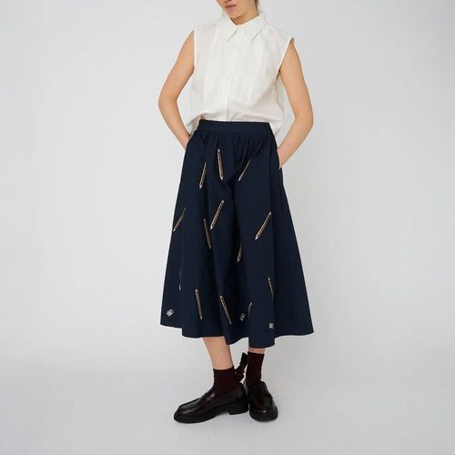 STELLA NOVA Embroidered Midi Skirt in Navy