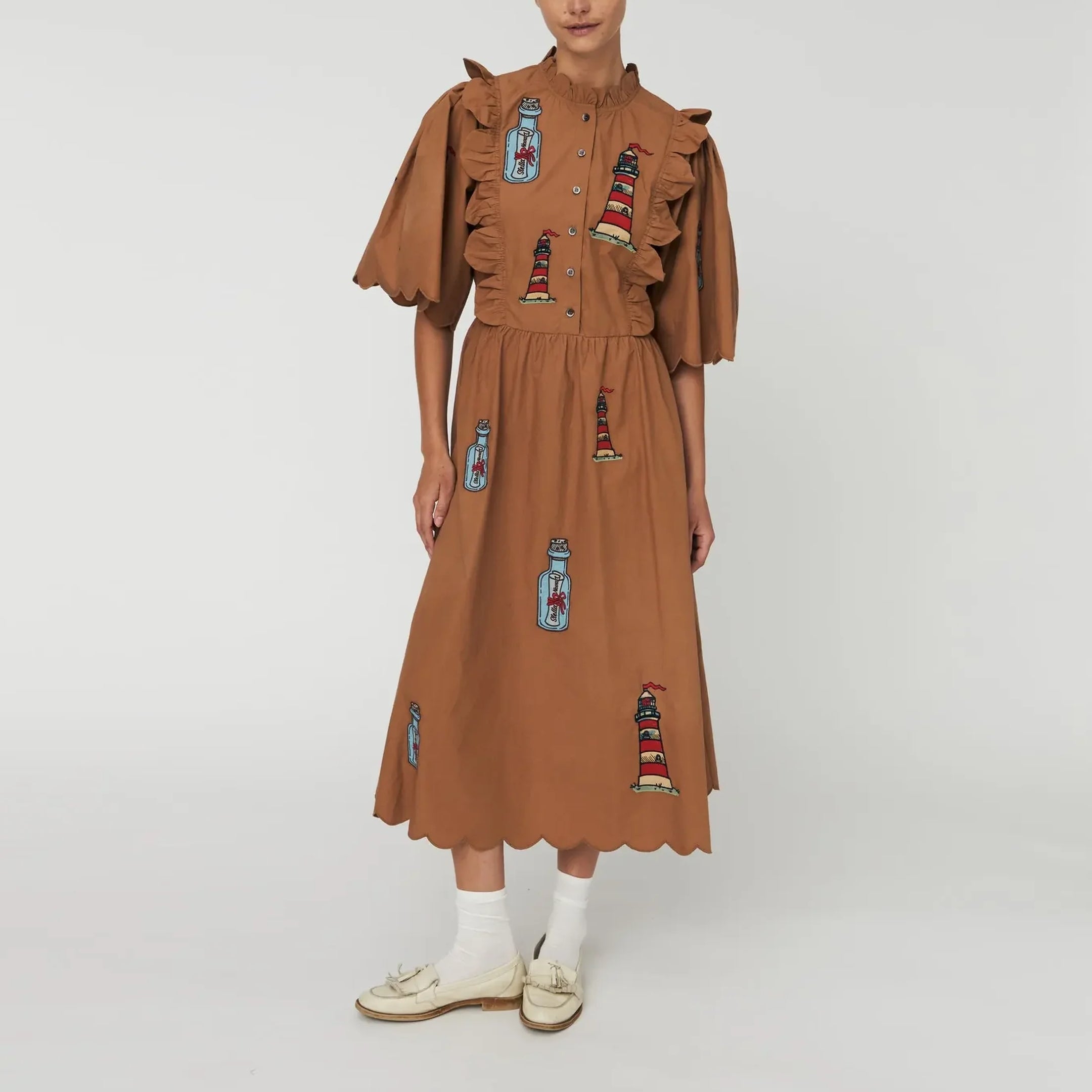 STELLA NOVA Embroidered Midi Dress in Brown