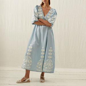 Ilana Cotton Linen Dress in Blue