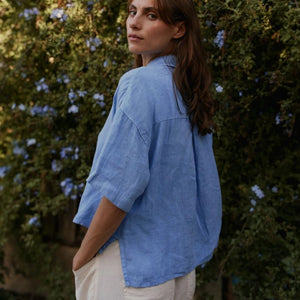Linen Big Pocket Shirt in Icy Blue