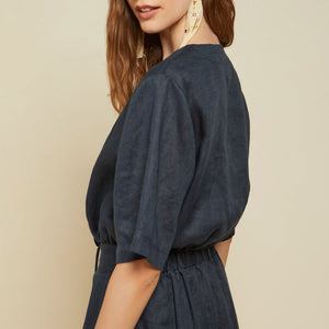 Linen Shirt with Drawstring in Blue