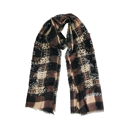 DE SIENA Gingham Embroidered Check Scarf in Beige/Brown