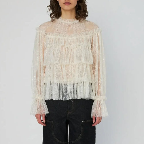 STELLA NOVA Sheer Frill Lace Blouse in Creme