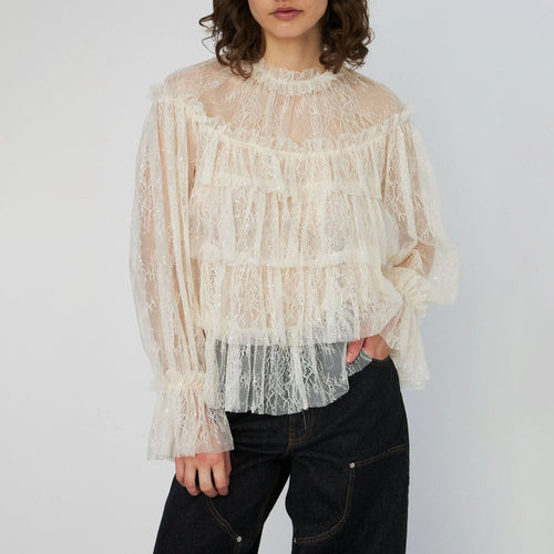 STELLA NOVA Sheer Frill Lace Blouse in Creme
