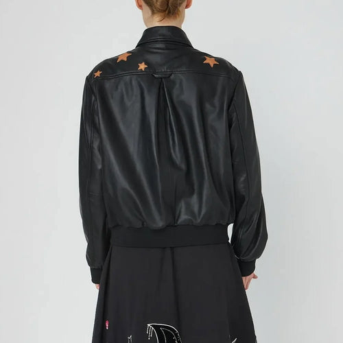 STELLA NOVA Starlight Leather Bomber Jacket  in Black