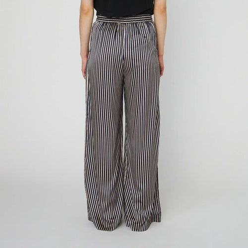 STELLA NOVA Striped Silk Mid Waist Pants in Creme Blue Stripes