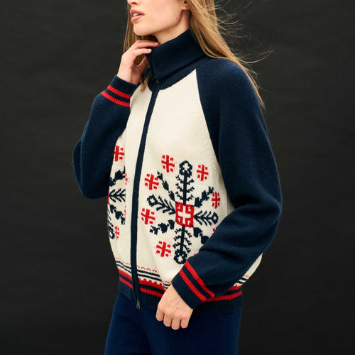 JUMPER 1234 Cashmere Wool Snowflake Zip Up in Cream and Navy