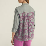 Embroidered Linen Shirt in Grey/Fuchsia