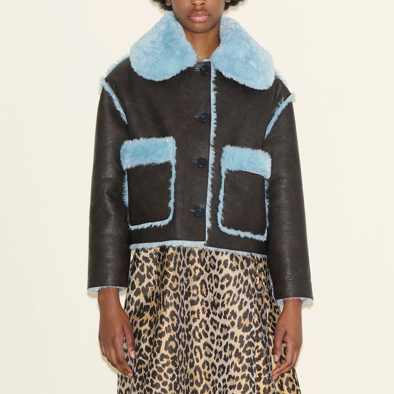 SAMDI Johanna Shearling Coat in Chocolate/Powder Blue Brown
