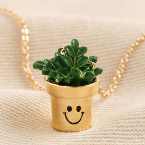 Smiling Enamel Face Planter Necklace in Gold