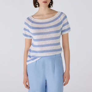 Stripe Linen T Shirt in Off White/Blue