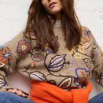 OUI Flower Embroidered Jumper in Camel/Violet