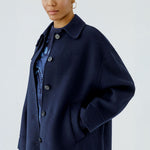 OUI Loose Fit Button Up Wool Coat in Dark Blue