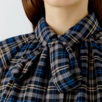 OUI Long Check Tie Neck Blouse in Dark Blue/Camel
