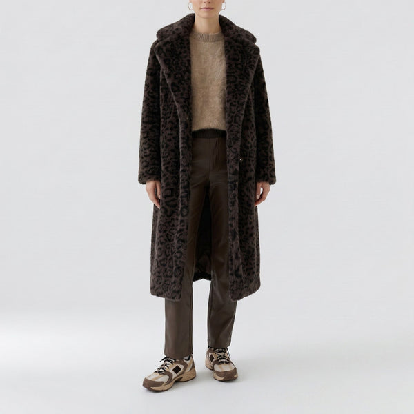 OUI Leopard Print Faux Fur Long Coat in Dark Brown/Grey-Black