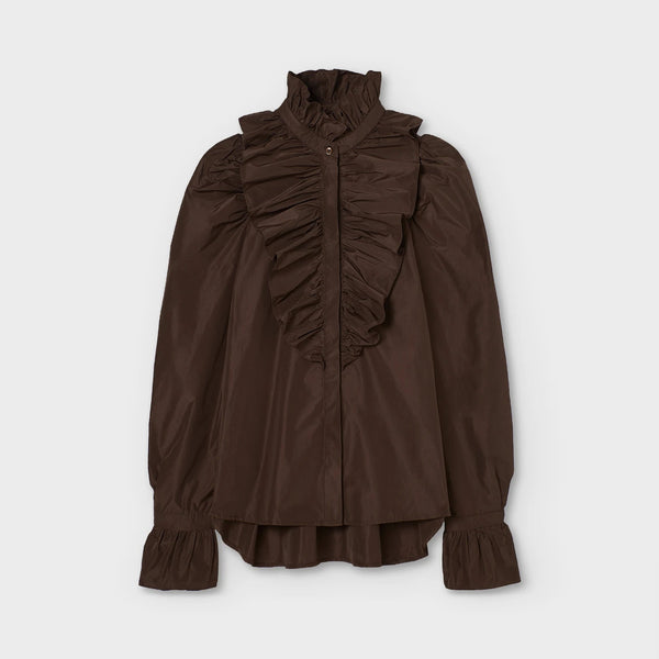 PSOPHIA Ruffle Taffeta Shirt in Truffle