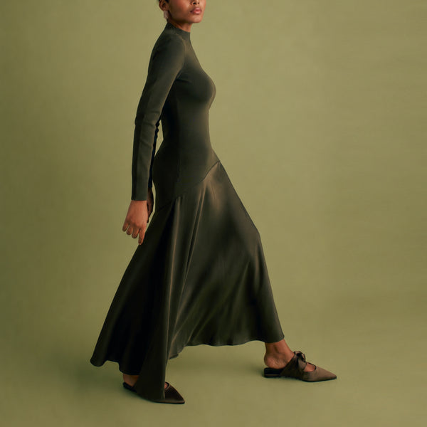 FLORERE Acacia Mockable Midi Dress in Khaki