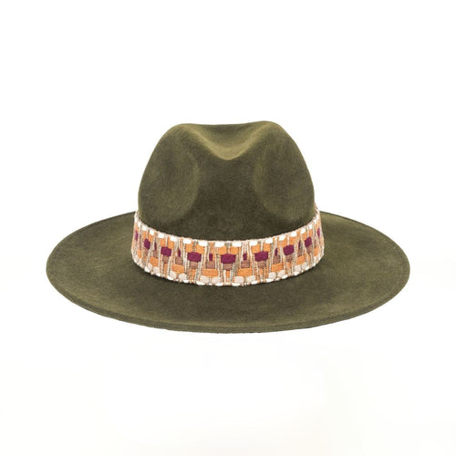 TRAVAUX EN COURS Wide Brim Felt Fedora with Ethnic Band in Loden