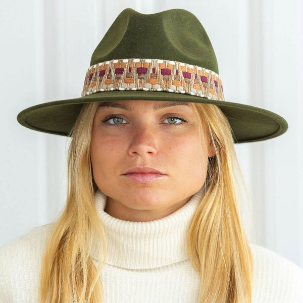 TRAVAUX EN COURS Wide Brim Felt Fedora with Ethnic Band in Loden