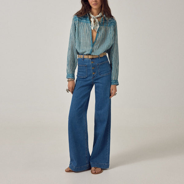 MAISON HOTEL Maria Stripe Shirt in Blue Ink