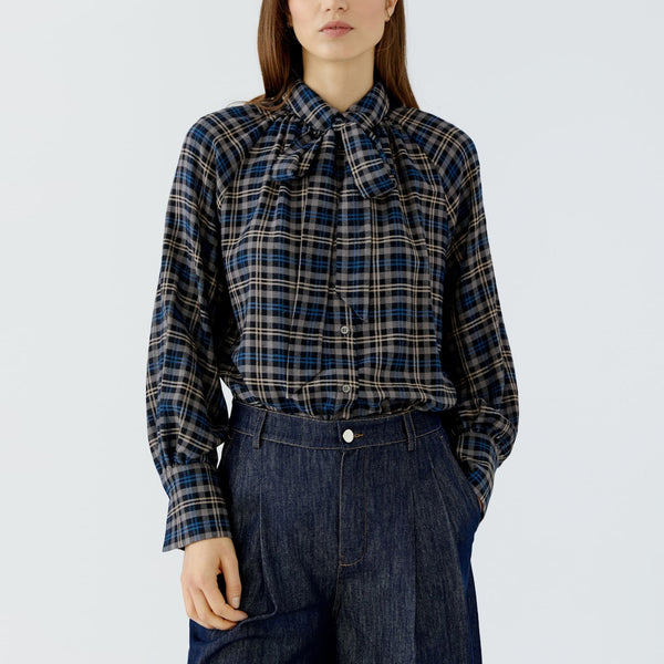 OUI Long Check Tie Neck Blouse in Dark Blue/Camel