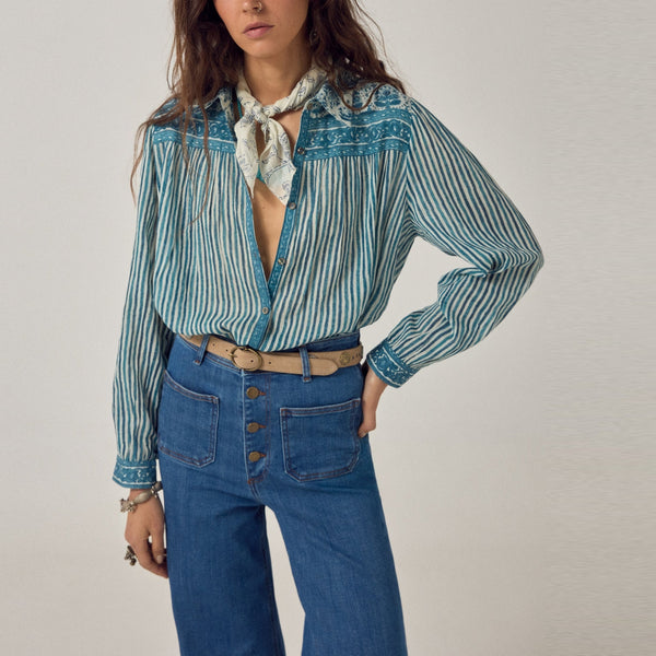 MAISON HOTEL Maria Stripe Shirt in Blue Ink