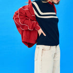 JUMPER 1234 Chest Stripe Crew Neck Jumper in New Navy/Scarlet/Jasmine
