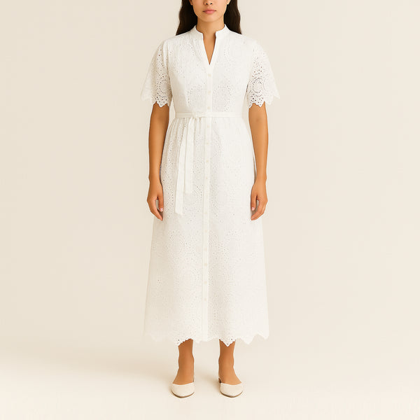HANDPRINT DREAM APPAREL Nefeli Broderie Anglaise Cotton Dress in White