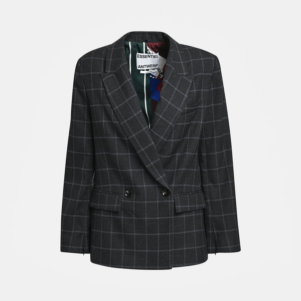 ESSENTIEL ANTWERP Kendra Oversized Checked Double Breasted Blazer in Dark Grey/Off White