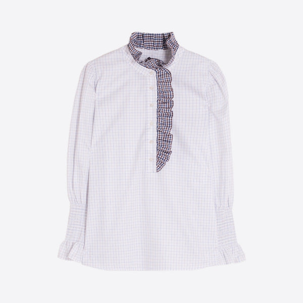 VILAGALLO Small Check Frill Shirt in White/Navy