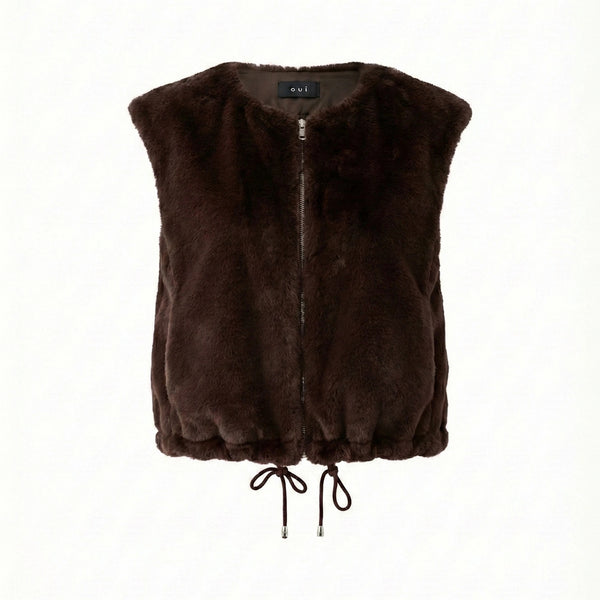 OUI Faux Fur Zip Up Gilet in Chocolate Torte