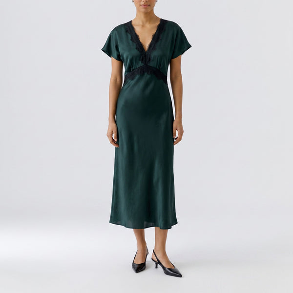 OUI V Neck Satin Maxi Dress in Scarab