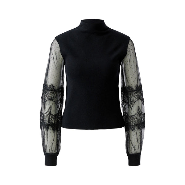 OUI Sheer Lace Long Sleeve Jumper in Black