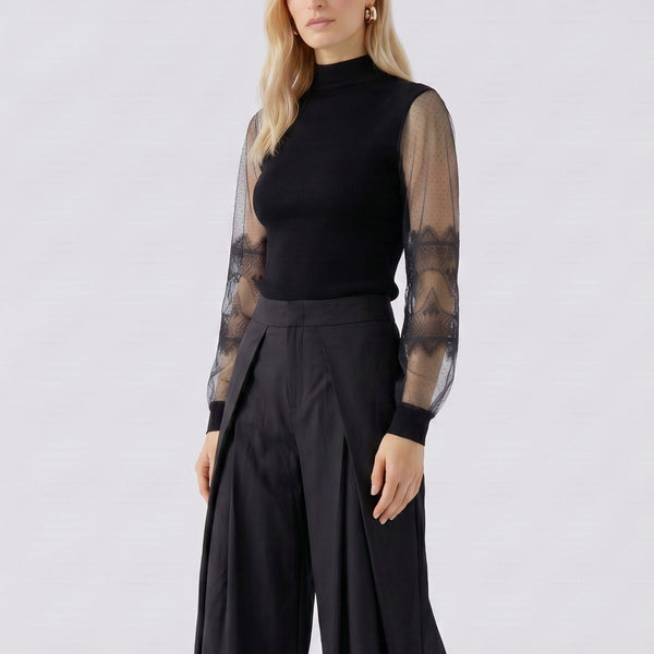 OUI Sheer Lace Long Sleeve Jumper in Black