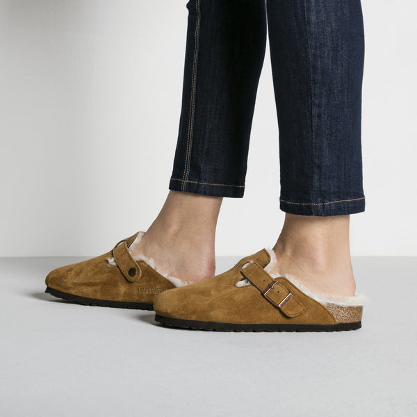 BIRKENSTOCK Boston Shearling Suede Leather Mules in Mink