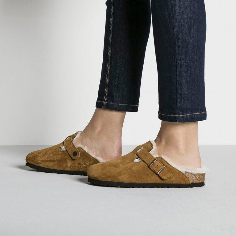 BIRKENSTOCK Boston Shearling Suede Leather Sandals in Mink