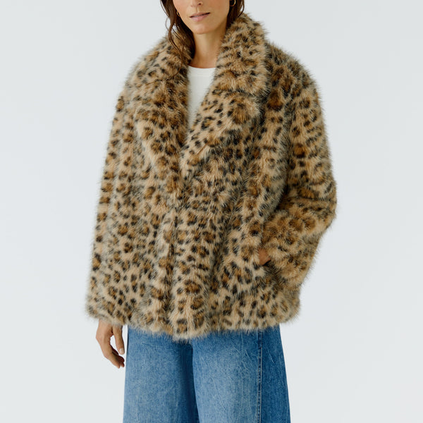 OUI Leopard Print Faux Fur Jacket in Light Stone Grey