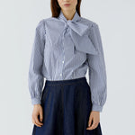 OUI Stripe Pussy Bow Shirt in White/Blue