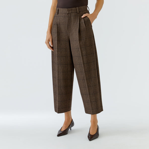 OUI Tweed Pleat Front Crop Trousers in Brown/Dark Brown
