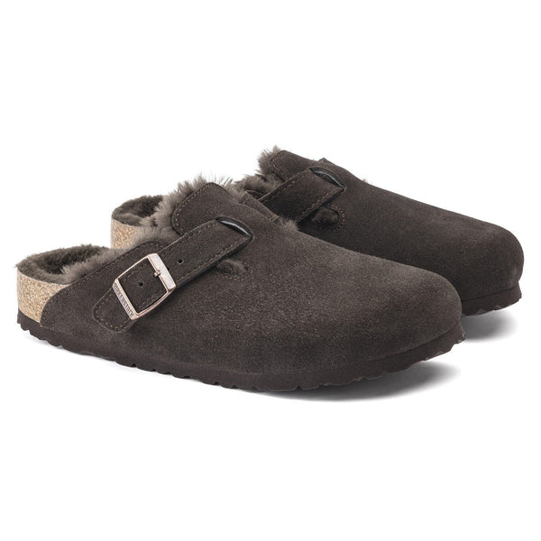 BIRKENSTOCK Boston Shearling Suede Leather Mules in Mocca