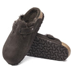 BIRKENSTOCK Boston Shearling Suede Leather Mules in Mocca